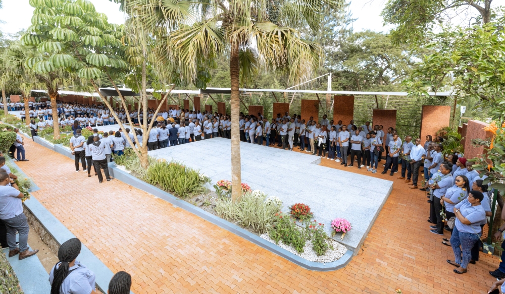 Management and staff of Bank of Kigali (BK) Group observe a moment of silence to pay tribute to victims of the 1994 genocide against the Tutsi at Kigali Gali Genocide Memorial on April 12. Courtesy