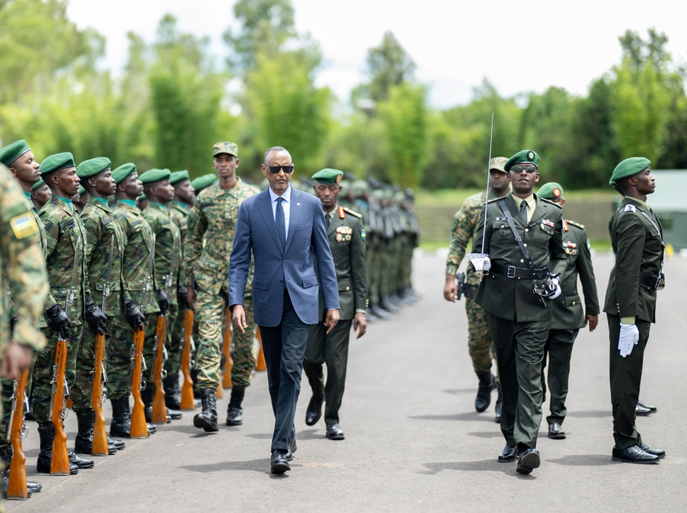 President Paul Kagame officiating the pass out of the 11th intake of Officer Basic Training, commissioning 624 officer cadets  at Rwanda Military Academy on April 15. PHOTOS: VILLAGE URUGWIRO