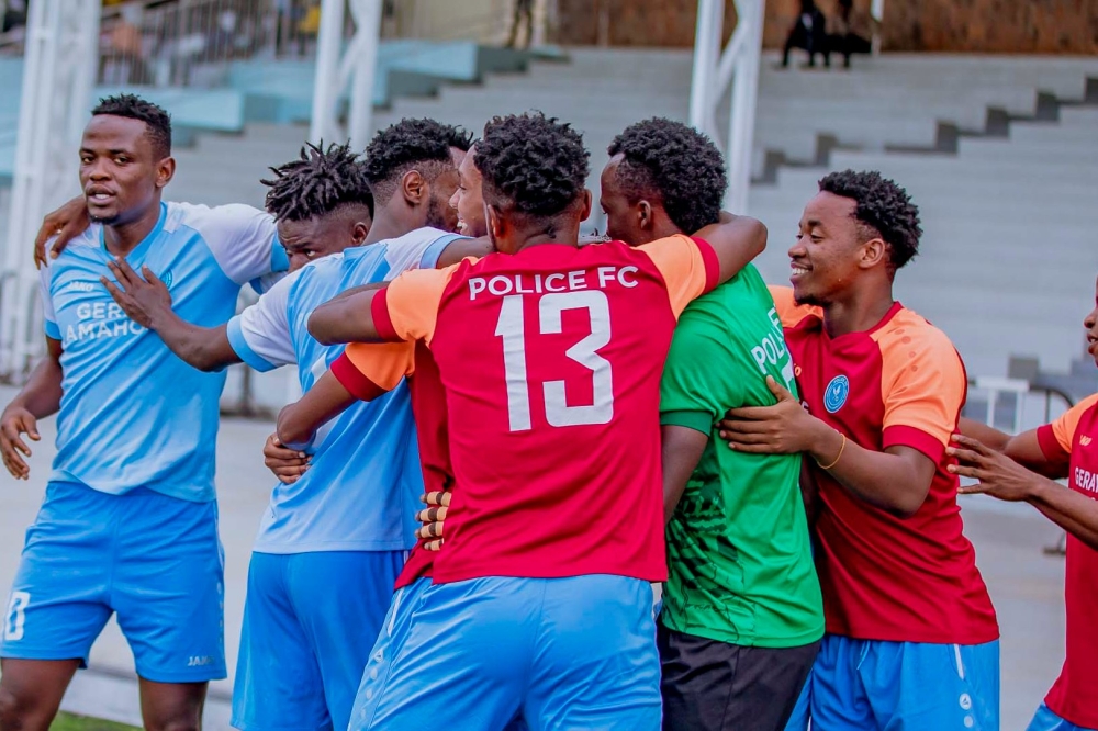Police FC skipper Dominique Savio Nshuti is joined by his teammates in celebration of his goal against Amagaju FC on April 2. Nshuti is now focused on helping the club win the first Peace Cup since 2015-courtesy