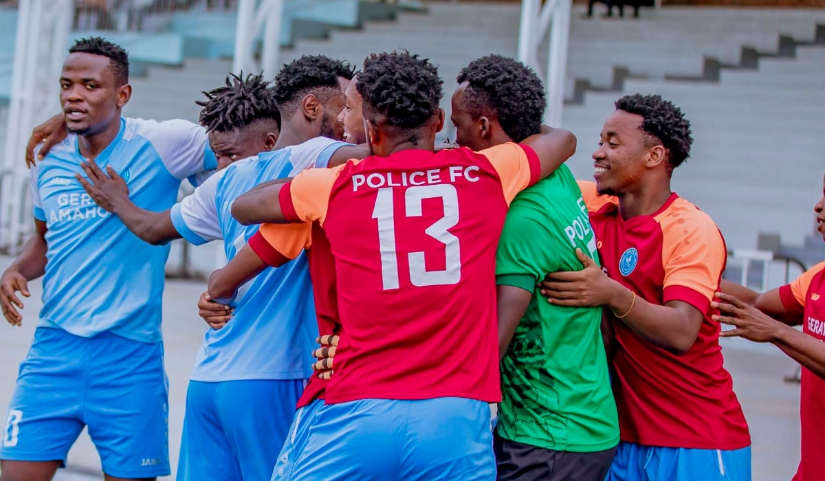 Police FC skipper Dominique Savio Nshuti is joined by his teammates in celebration of his goal against Amagaju FC on April 2. Nshuti is now focused on helping the club win the first Peace Cup since 2015-courtesy