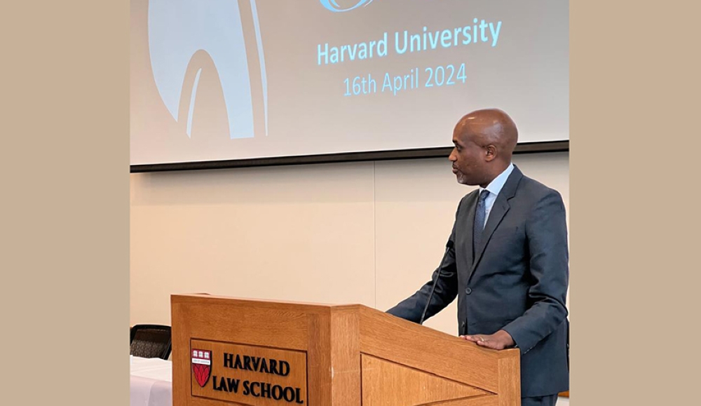Minister of Justice Emmanuel Ugirashebuja speaking during a commemoration event at Harvard University, on Tuesday, April 16. The private Ivy League research university in Cambridge, Massachusetts, on April 16, held a commemoration event to honor the victims of the 1994 Genocide against the Tutsi in Rwanda.