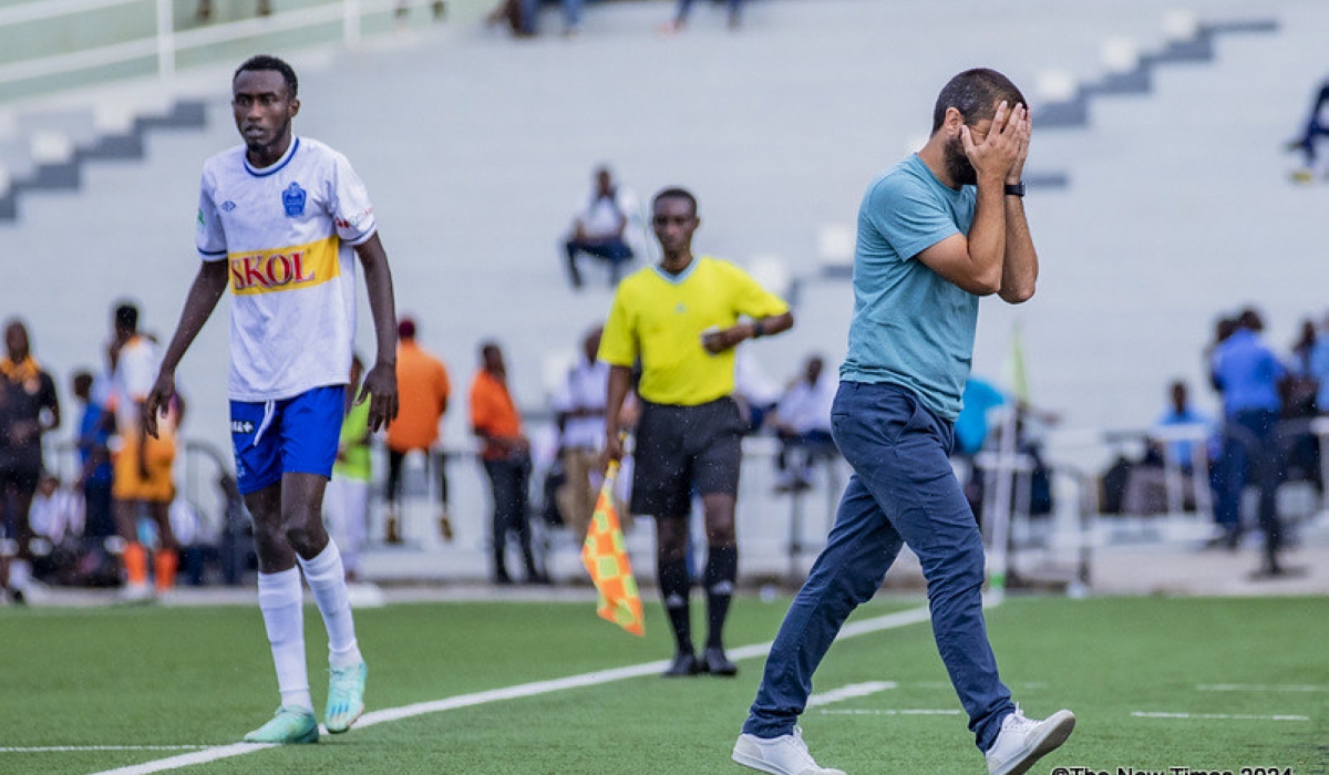 Rayon Sports coach Julien Mette  looks disappointed as Bugesera FC stunned the Blues 1-0  in the first leg of the Peace Cup held at Kigali Pele Stadium on Wednesday. Emmanuel Dushimimana