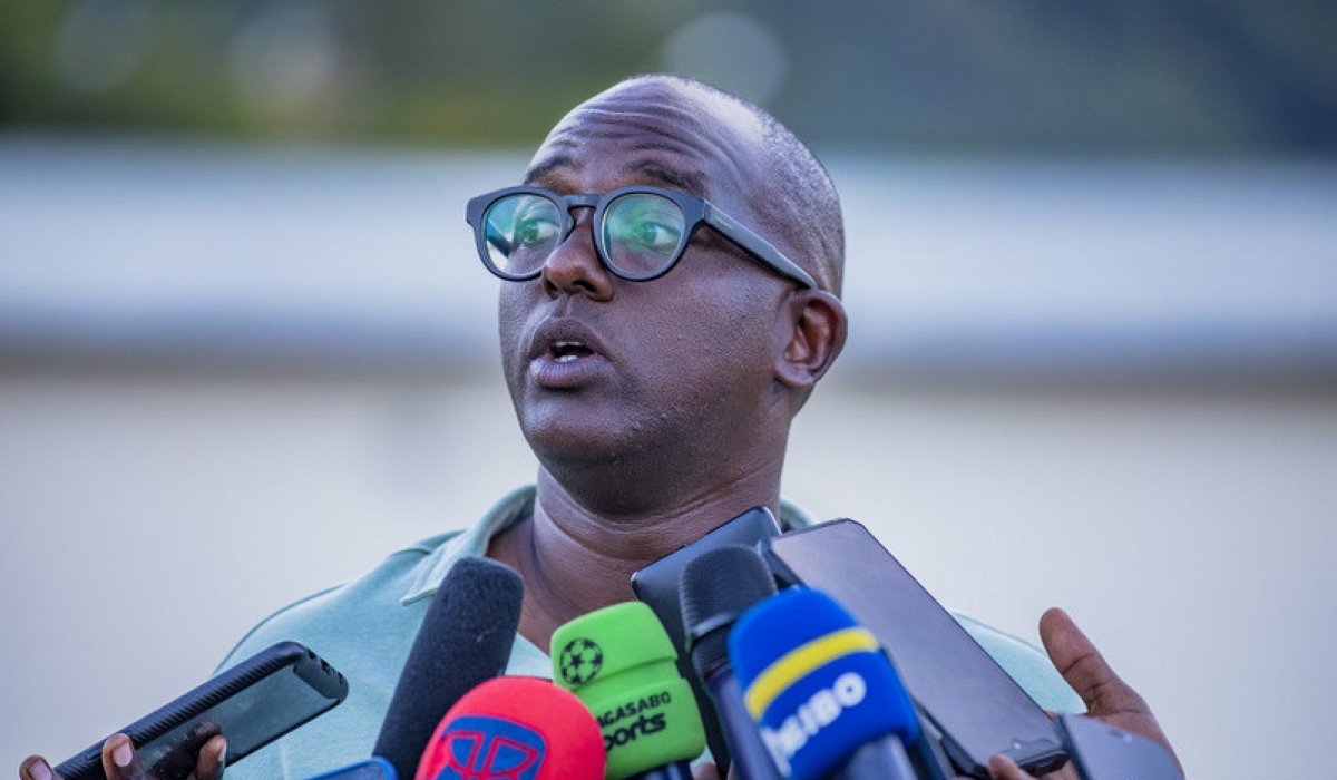 Bugesera FC head coach Francis Haringingo speaks to journalists after his side stunned Rayon Sports 1-0 during the Peace Cup match at Kigali Pele stadium on April 17. Photo by Emmanuel Dushimimana