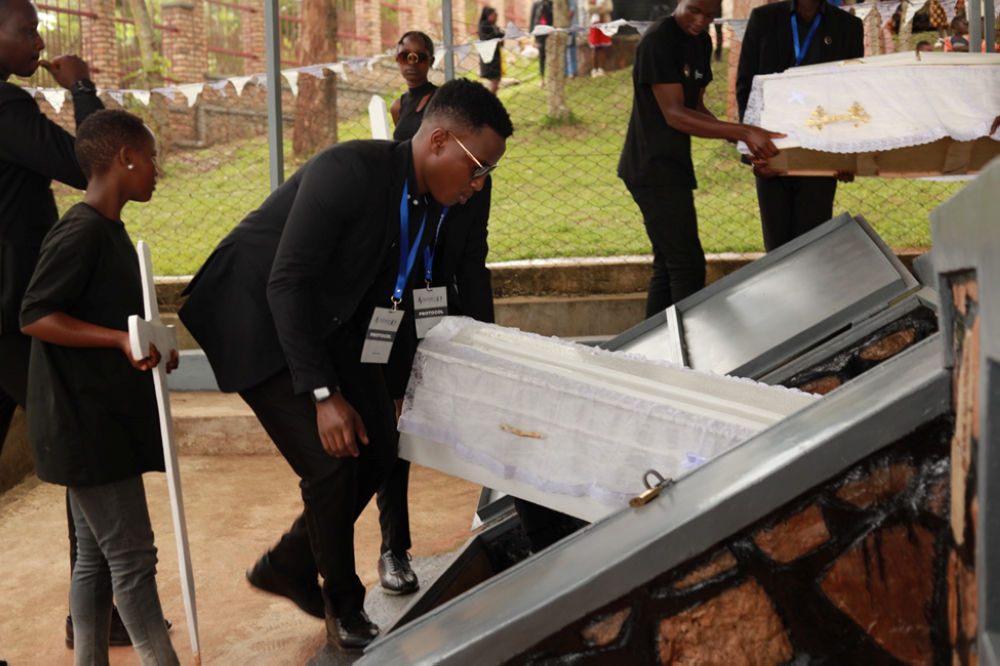 Mourners during a decent burial of 128 victims of the 1994 Genocide against the Tutsi at Mwulire Genocide Memorial in Rwamagana District on Thursday, April 18.