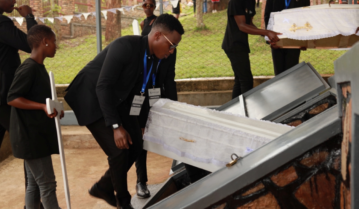 Mourners during a decent burial of 128 victims of the 1994 Genocide against the Tutsi at Mwulire Genocide Memorial in Rwamagana District on Thursday, April 18.