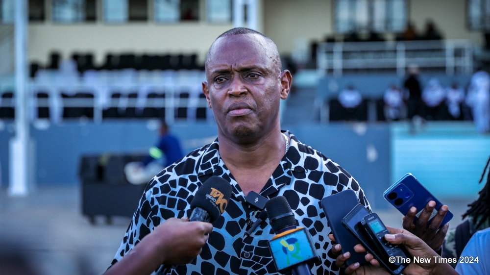 Lt Col Richard Karasira APR FC chairman speaks to journalists after the game at Kigali Pele stadium on April 20. Photo by Craish Bahizi