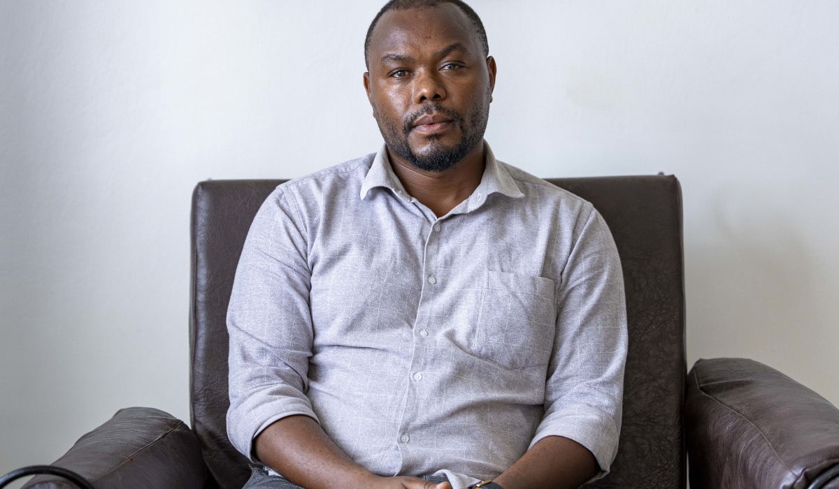 Screenwriter, film producer, and director, Joël Karekezi during the interview. Photo by Christianne Murengerantwari
