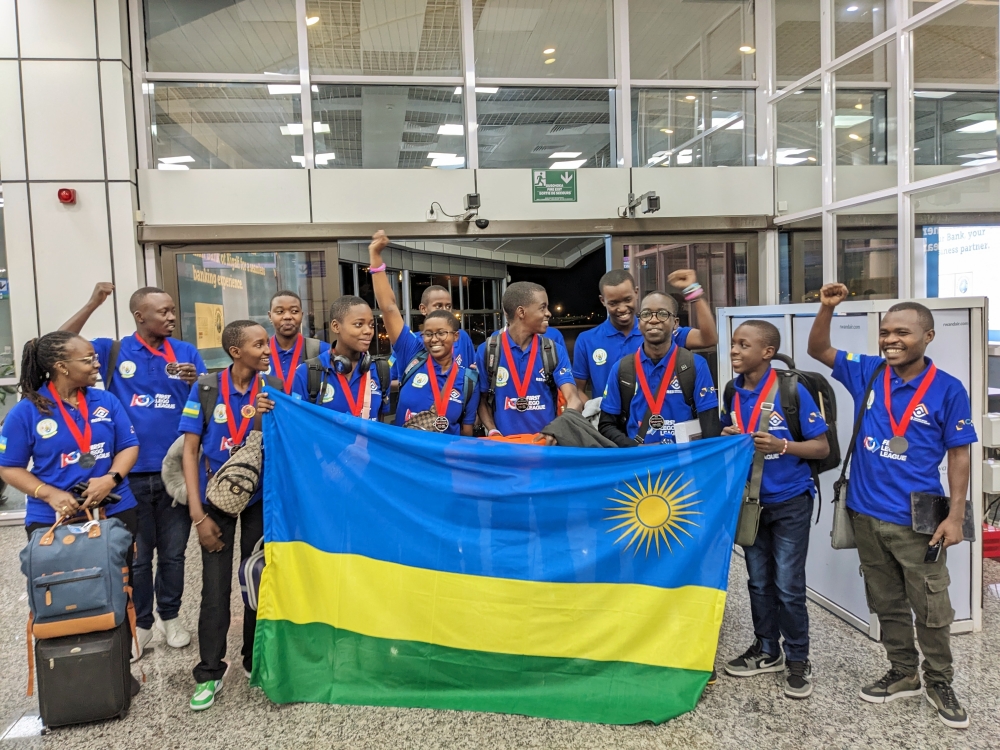 Students from Collège Christ-Roi de Nyanza arrive at Kigali International Airport from Texas, USA, on Monday, April 22, where they took part in the international First Lego League competition. Photo by Frank Ntarindwa