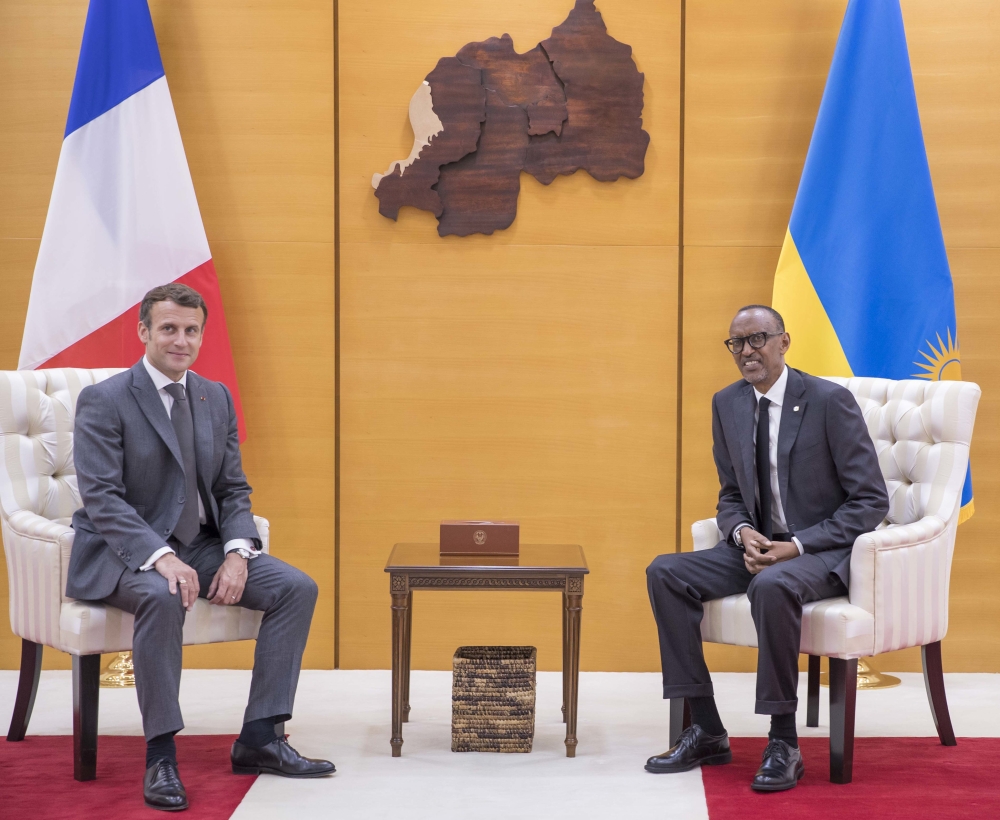 President Paul Kagame and his French counterpart Emmanuel Macron during the latter’s official visit to Rwanda, on May 27, 2021. Photo by Village Urugwiro.