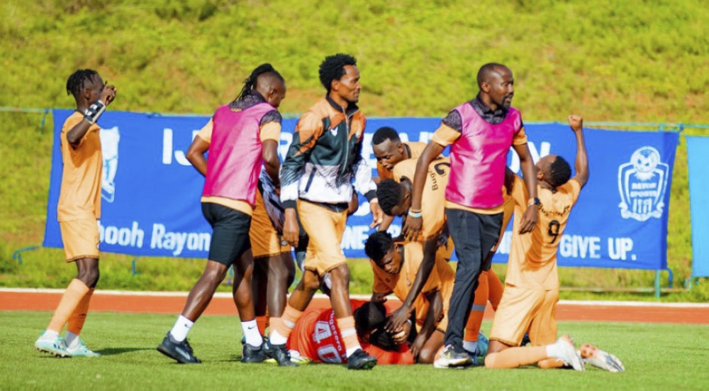 Bugesera FC players celebrate the lone goal as they stunned Rayon Sports 1-0 during the Peace Cup semi-final second leg clash at the Bugesera Stadium on Tuesday, April 23. Courtesy 