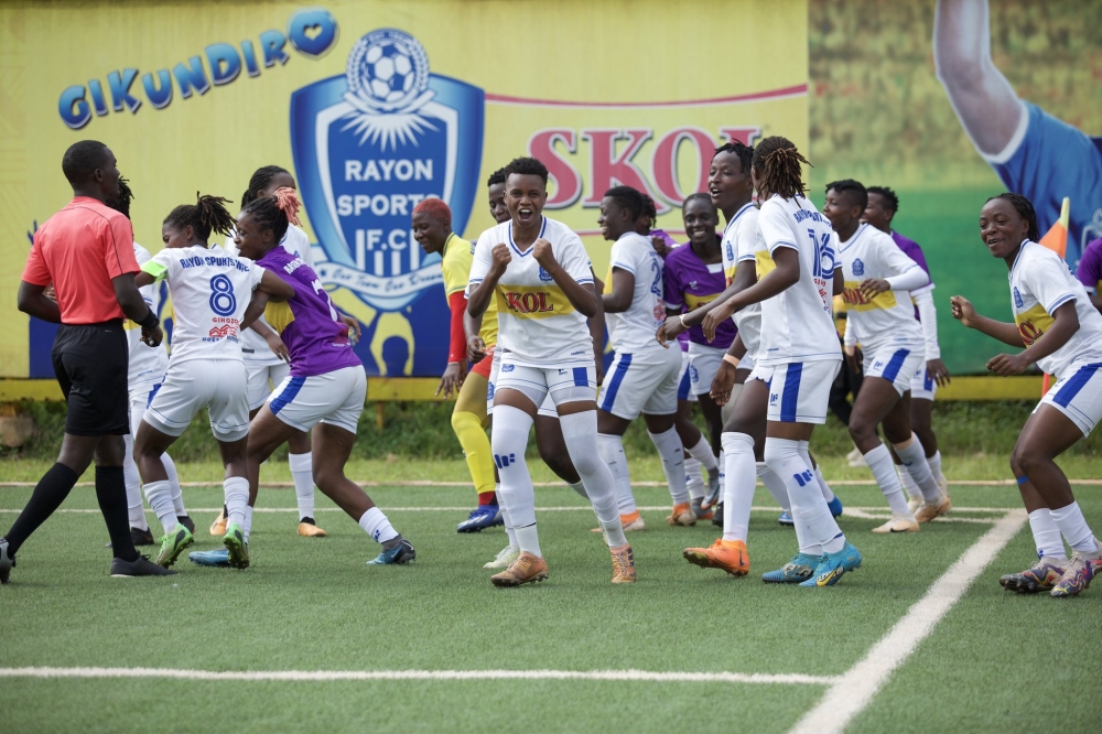 Rayon Sports women players celebrate a 2-0 victory over AS Kigali WFC in the Women’s Peace Cup at Nzove stadium on April 24. Courtesy