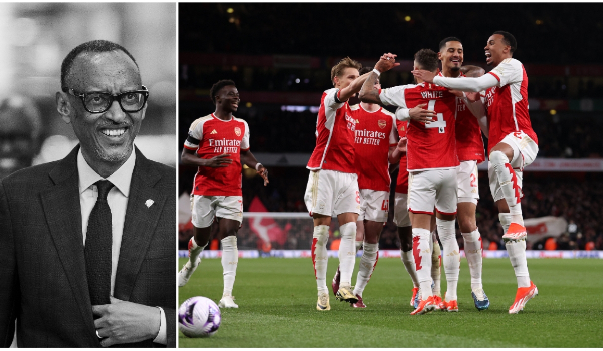 A photo collage of President Kagame and Arsenal players, who were celebrating during their 5-0 win over Chelsea Tuesday night.