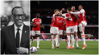 A photo collage of President Kagame and Arsenal players, who were celebrating during their 5-0 win over Chelsea Tuesday night.