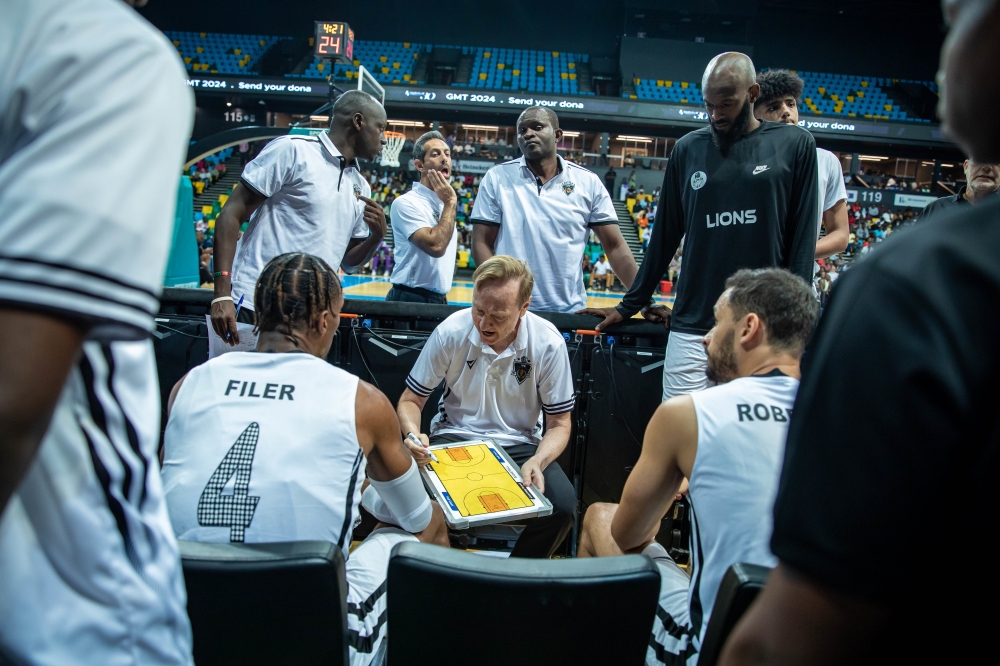 APR BBC head coach gives instructions during a recent game against REG during the Genocide memorial competition. APR BBC will face US Monastir at  Basketball Africa League 2024 Sahara Conference campaign   on May 4. Photo by Dan Gatsinzi
