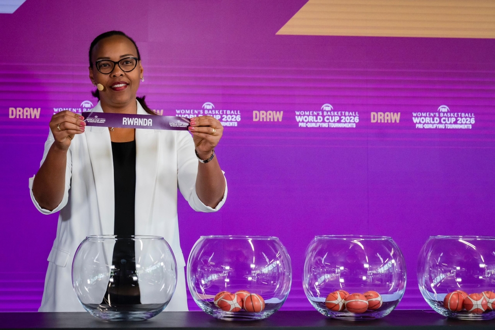 Minister of Sports Aurore Munyangaju during the draw. Rwanda has been drawn in Group D at the FIBA Women&#039;s Basketball World Cup 2026 pre-qualifying tournament. Courtesy