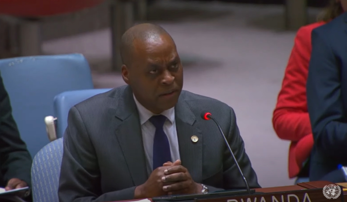 Ambassador Ernest Rwamucyo addresses the UN Security Council on Wednesday, April 24.