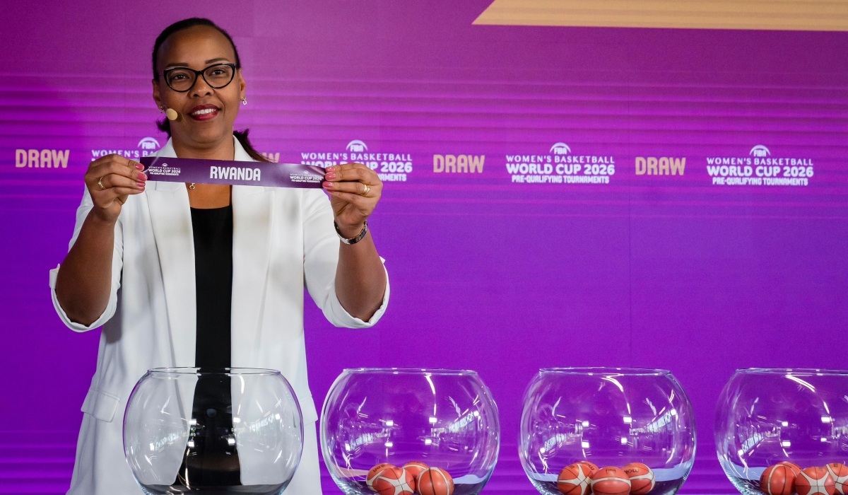 Minister of Sports Aurore Munyangaju during the draw. Rwanda has been drawn in Group D at the FIBA Women&#039;s Basketball World Cup 2026 pre-qualifying tournament. Courtesy