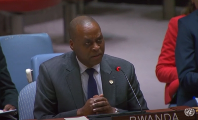 Ambassador Ernest Rwamucyo addresses the UN Security Council on Wednesday, April 24.