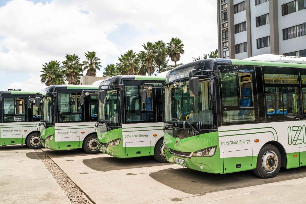 Some of the new five electric buses delivered by IZI Electric, a pioneer in e-mobility, that were imported by KBS to Kigali. Courtesy