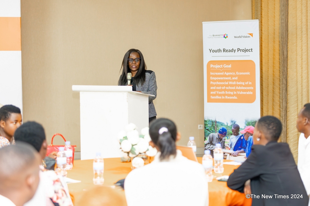 Pauline Okumu, National Director of World Vision Rwanda delivers remarks as  World Vision Rwanda unveiled its Youth Ready program in Kigali on Friday, April 26.. All photos by Craish Bahizi