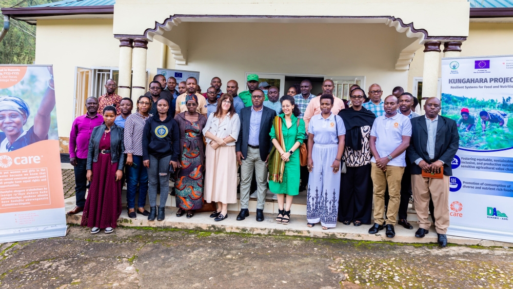Officials and participants pose for a group photo after the meeting on Kungahara project in Rulindo District, on April 23. The new project aims to strengthen resilient food systems and nutrition security in Rwanda. Photos by Craish Bahizi