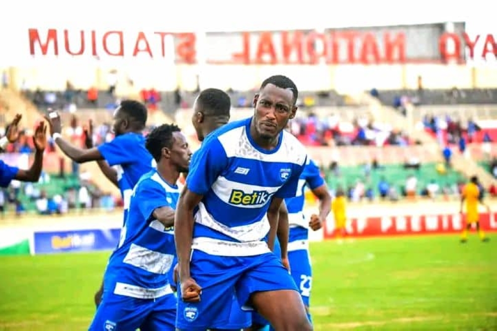 Rwandan international striker   Arthur Gitego celebrates his goal as he netted a double for AFC Leopards in the weekend. Courtesy