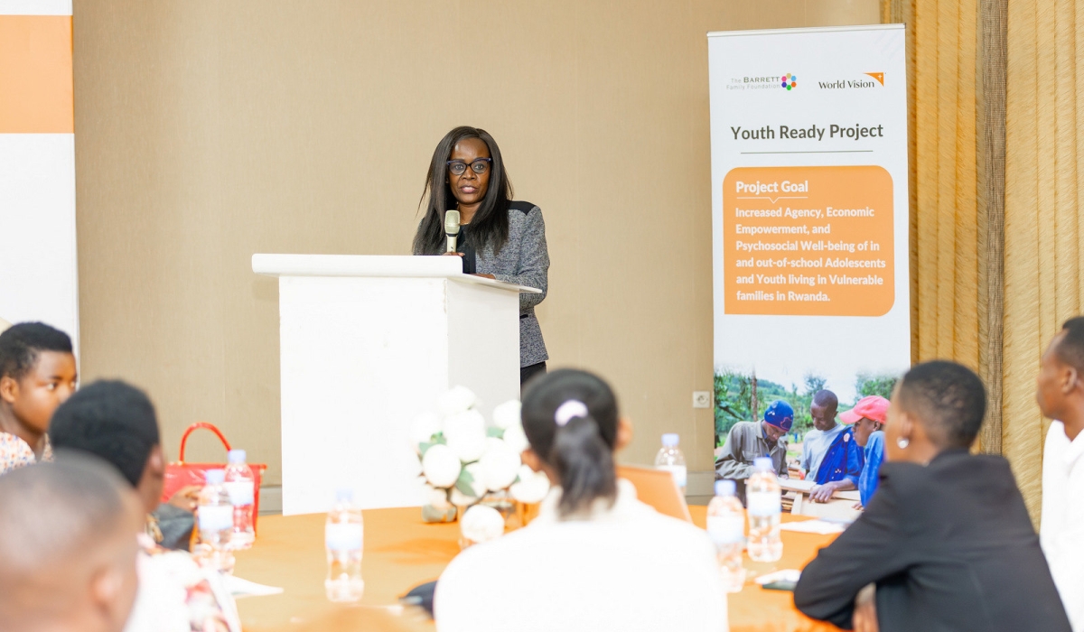 Pauline Okumu, National Director of World Vision Rwanda delivers remarks as  World Vision Rwanda unveiled its Youth Ready program in Kigali on Friday, April 26.. All photos by Craish Bahizi