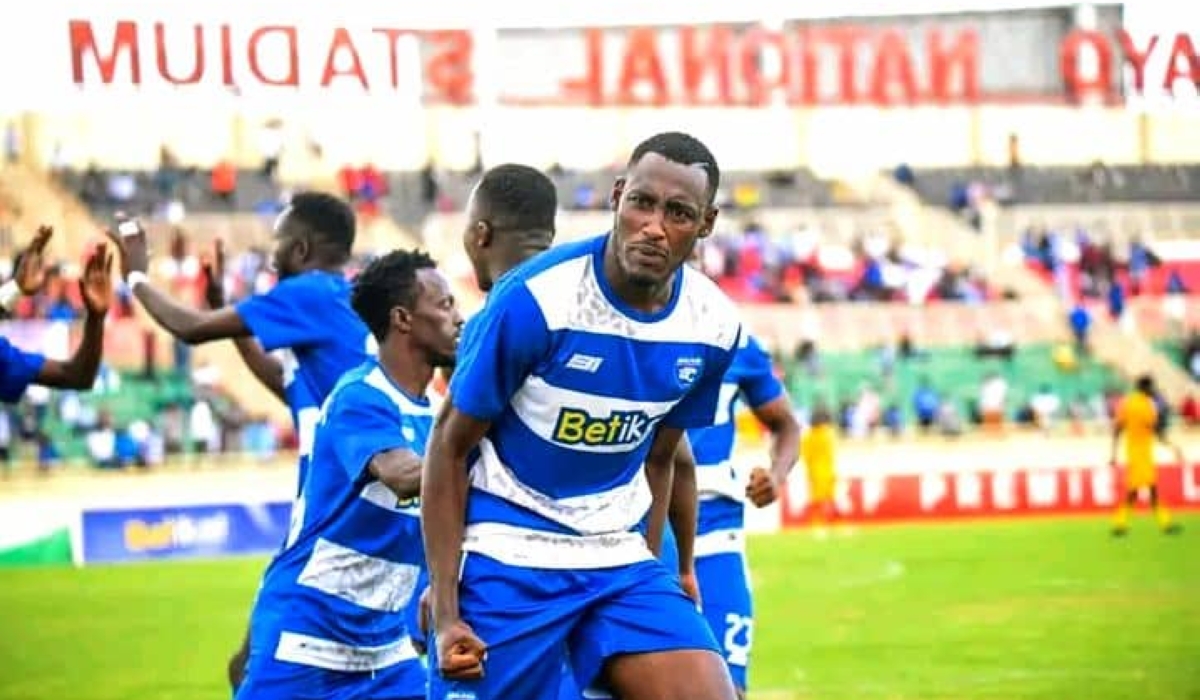 Rwandan international striker   Arthur Gitego celebrates his goal as he netted a double for AFC Leopards in the weekend. Courtesy