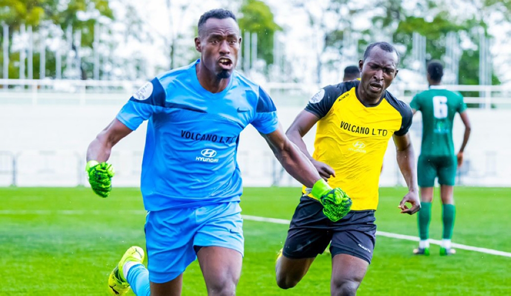 Mukura goalkeeper Nicholas Sebwato celebrates his late goal which earned his side a dramatic 1-1 draw against Kiyovu Sports at Kigali Pelé Stadium on April 25. Photo: Courtesy