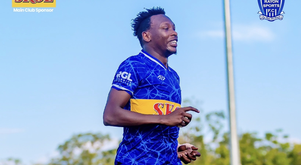 Rayon Sports defender Aimable Nsabimana celebrates lthe lone goal as the Blues beat Gasogi United 1-0 at Kigali Pele stadium on Tuesday, April 30. Courtesy