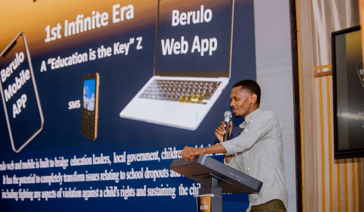 Ian Berulo Cyusa speaks during the launch of the Berulo mobile app which he designed to help bridge the gap between educators, local government authorities, as well as students and their families. All photos: Courtesy.