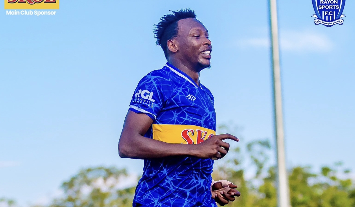 Rayon Sports defender Aimable Nsabimana celebrates lthe lone goal as the Blues beat Gasogi United 1-0 at Kigali Pele stadium on Tuesday, April 30. Courtesy