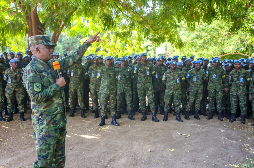 Rwanda Defence Force (RDF) Army Chief of Staff (ACOS), Maj Gen Vincent Nyakarundi, interacts with Rwandan peacekeepers at the UN Thongping Base Camp in Juba,  South Sudan, on Tuesday, April 30.
