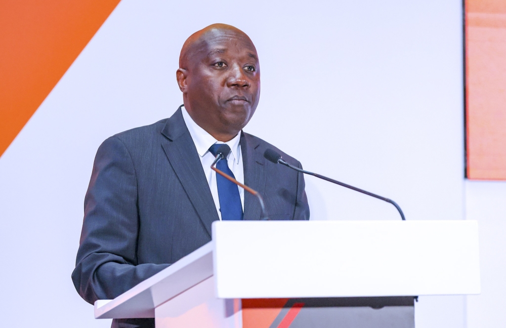Prime Minister Edouard Ngirente  delivers remarks at the 5th International Network for Governmental Science Advice Conference (INGSA) at Kigali Convention Centre in Kigali on Tuesday, April 30. Photo Courtesy