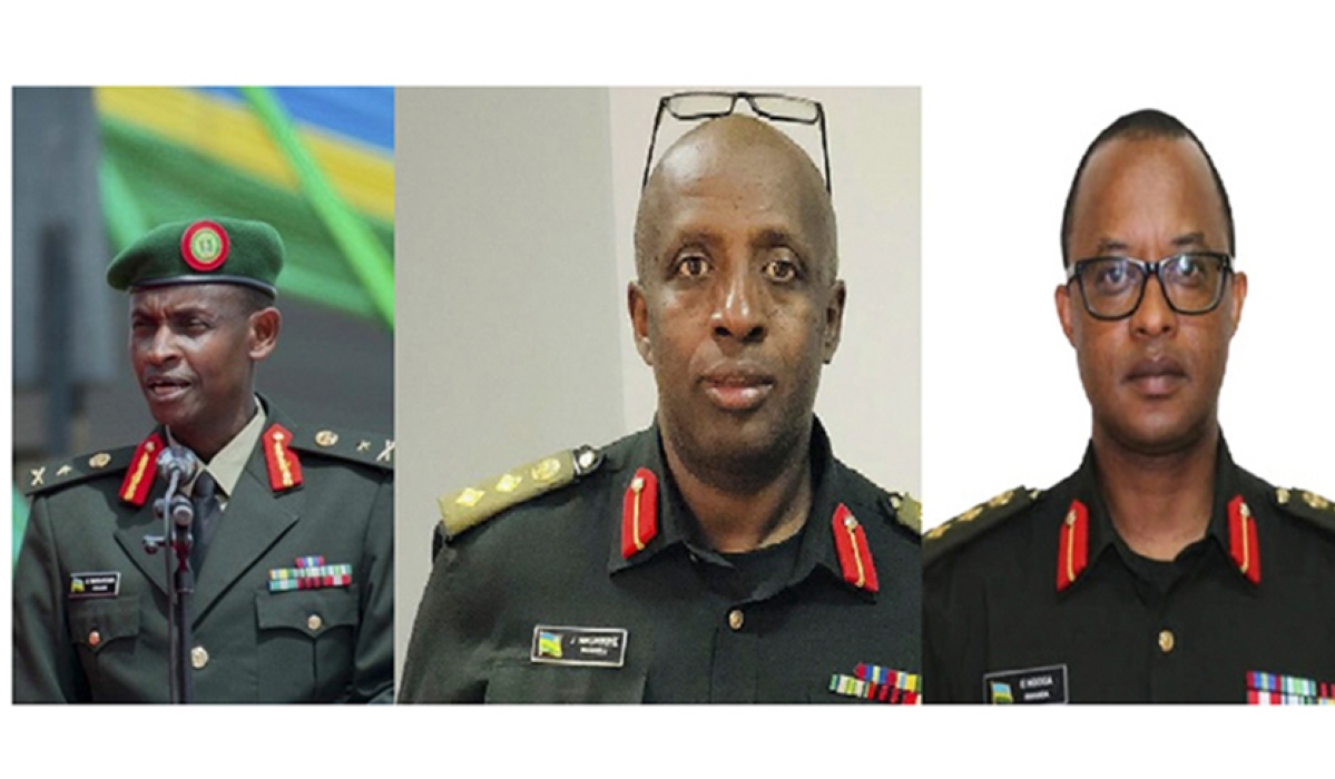 (L-R) Maj Gen Ephraim Rurangwa , the new Chief of Staff of the Medical Health  Service,   Brig General Dr John Nkurikiye  the new  Deputy Chief of Staff of the Medical Health  Service and Brig Gen Eugene Ngoga, the new Commandant Rwanda Military Referral and Teaching Hospital . Courtesy