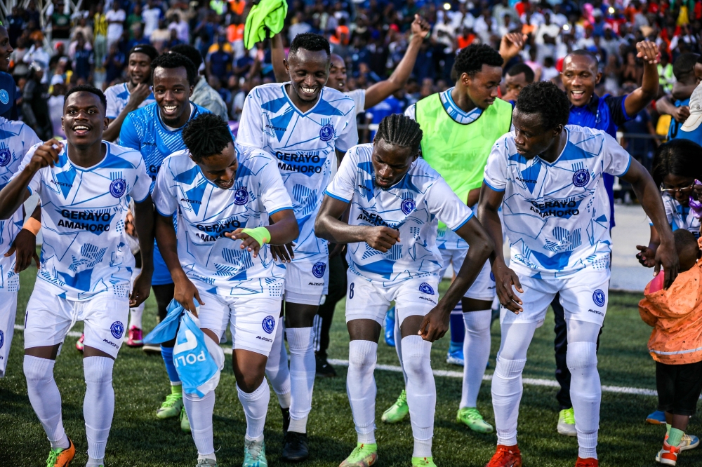  Police FC players celebrate the 2024 Peace Cup title, their first since 2015.  The law enforcers won the title after beating Bugesera FC 2-1 in the final held at Kigali Pele Stadium on Wednesday, May 1. Photo by Craish Bahizi