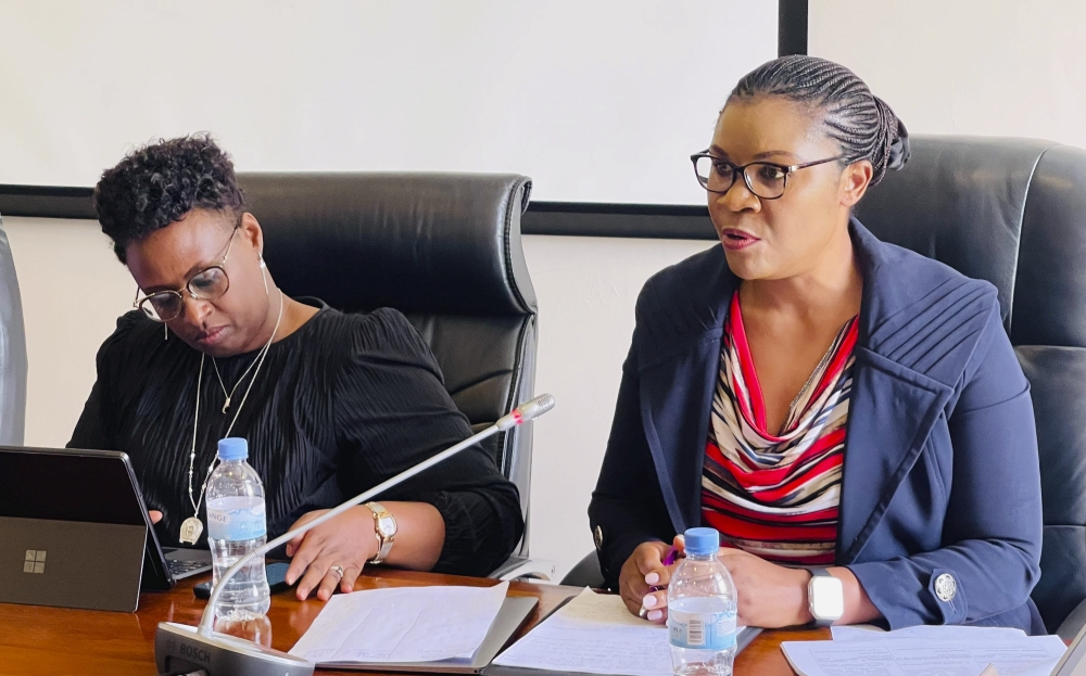 Judith Uwizeye,  the Minister in the Office of the President (R), explains proposals in the draft law governing NGOs, on May 2, 2024 as Rwanda Governance Board CEO Usta Kaitesi looks on . Photo by Emmanuel Ntirenganya