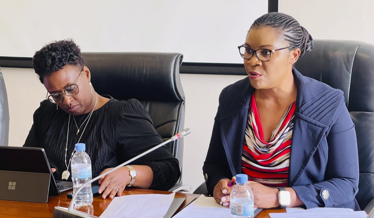Judith Uwizeye,  the Minister in the Office of the President (R), explains proposals in the draft law governing NGOs, on May 2, 2024 as Rwanda Governance Board CEO Usta Kaitesi looks on . Photo by Emmanuel Ntirenganya