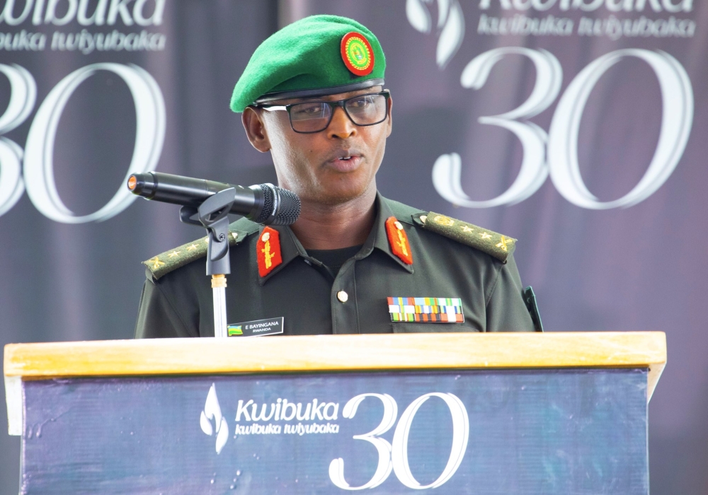 Major General Emmanuel Bayingana delivers a presentation on stopping the 1994 Genocide against the Tutsi, and building the unity of Rwandans in a sustainable way, during an event to commemorate the 1994 Genocide against the Tutsi held at Parliament buildings in Kigali, on May 3, 2024 (Courtesy).