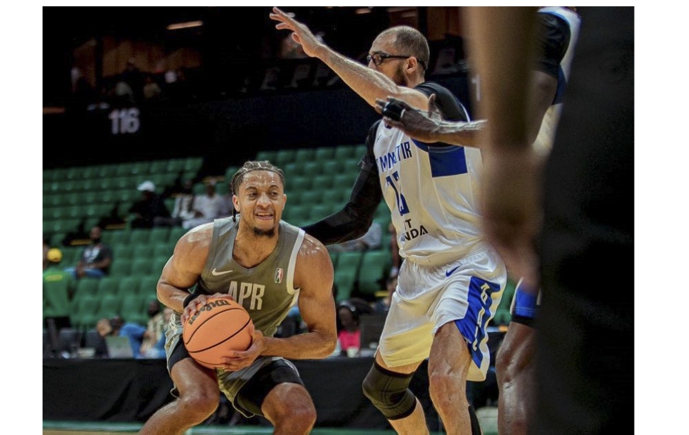 APR BBC&#039;s Obadiah Noel with the ball against US Monastir player during the game. The Army side beat  Tunisian giants US Monastir 89-84  in the opening game of the Sahara Conference of the fourth edition of the Basketball Africa League (BAL) on Saturday, May 4 in Dakar, Senegal. Courtesy