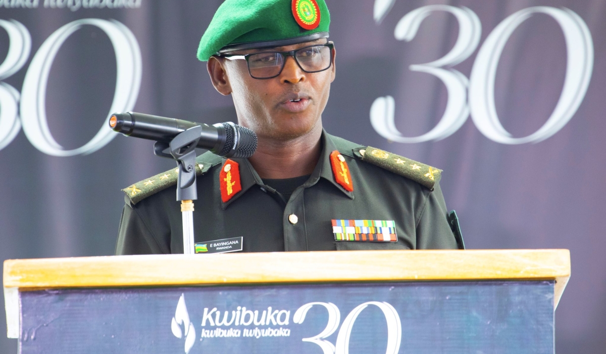 Major General Emmanuel Bayingana delivers a presentation on stopping the 1994 Genocide against the Tutsi, and building the unity of Rwandans in a sustainable way, during an event to commemorate the 1994 Genocide against the Tutsi held at Parliament buildings in Kigali, on May 3, 2024 (Courtesy).