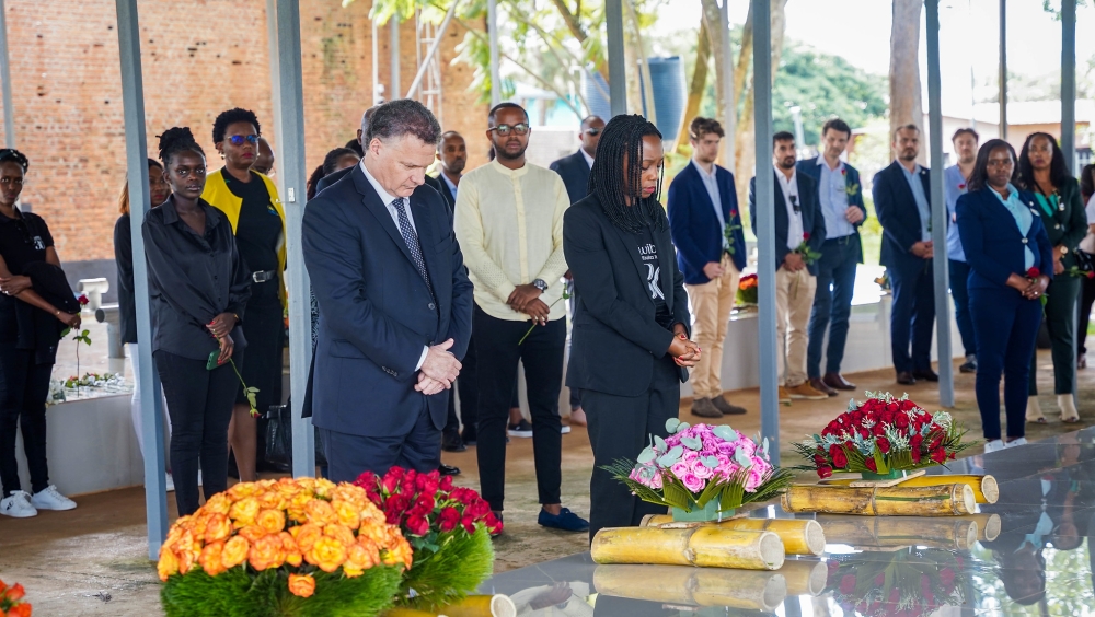 Staff members of the French Business Club in Rwanda, known as ‘Le Club d&#039;affaires francais au Rwanda, observe a moment of silence to pay tribute to the victims of the Genocide against the Tutsi at Nyamata Genocide Memorial on Friday, May 3. Photos by Craish Bahizi