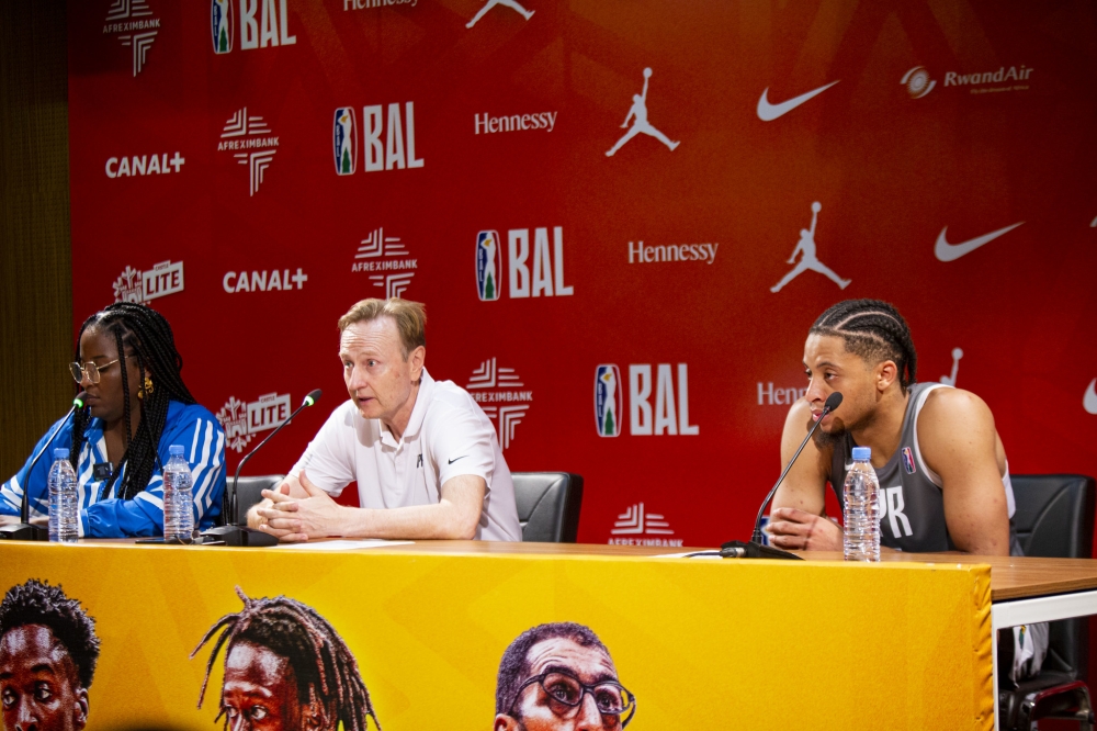 APR BBC head coach addresses journalists after securing a hard-fought victory against Tunisia&#039;s US Monastir, prevailing 89-84 after overtime at Dakar Arena. Courtesy
