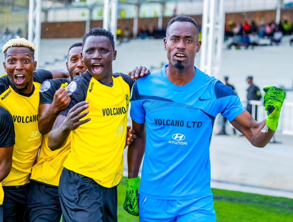 Mukura Victory Sport goalkeeper Nicholas Sebwato with teammates celebrate a goal as they faced Kiyovu. Stopper Sebwato has now developed a penchant for scoring goals. Courtesy
