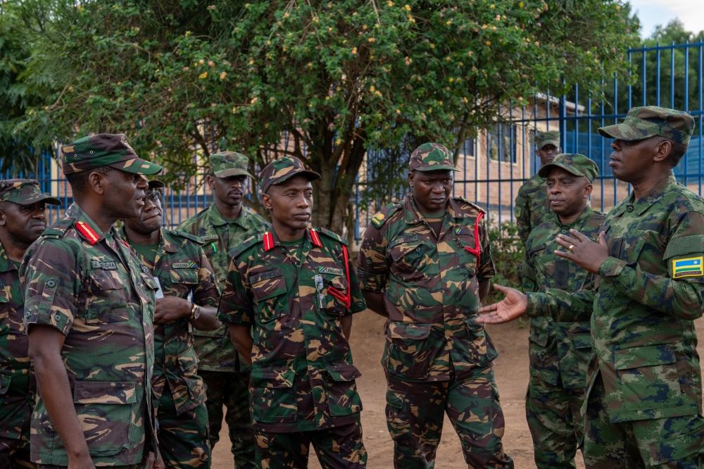 Col Justus Majyambere, the Rwanda Defence Force (RDF) 5 Division Commander, welcoming the Tanzania People’s Defence Force (TPDF) delegation led by 202 Brigade Commander, Brig Gen Gabriel Elias Kwiligwa, upon arrival at Rusumo One Stop Border Post, on May 7. Photo courtesy of RDF.