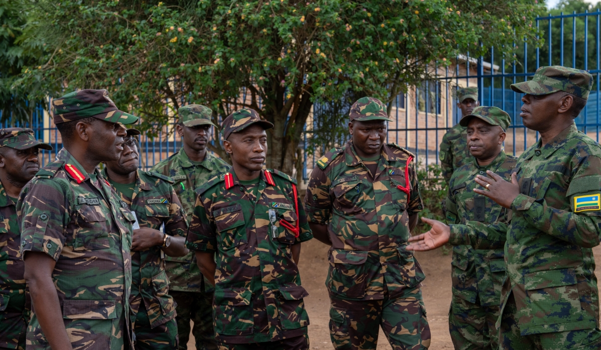 Col Justus Majyambere, the Rwanda Defence Force (RDF) 5 Division Commander, welcoming the Tanzania People’s Defence Force (TPDF) delegation led by 202 Brigade Commander, Brig Gen Gabriel Elias Kwiligwa, upon arrival at Rusumo One Stop Border Post, on May 7. Photo courtesy of RDF.