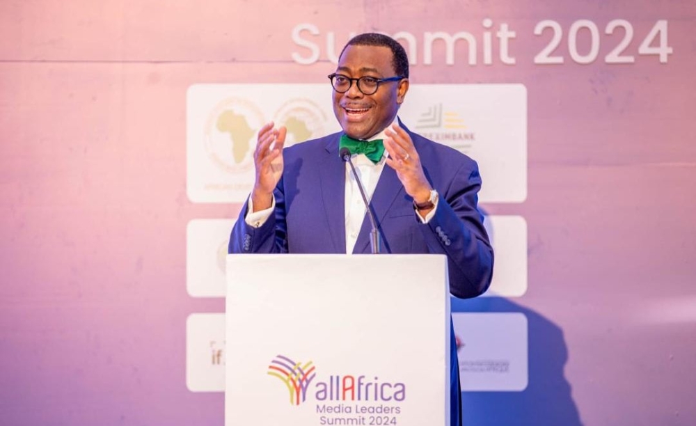 The President of the African Development Bank (AfDB), Akinwumi Adesina, speaking during the AllAfrica Media Leaders’ Summit 2024 in Nairobi, Kenya, on May 8. Courtesy