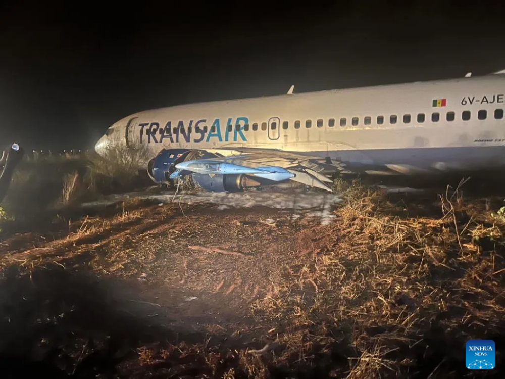 A plane which skids off the runway at Blaise Diagne International Airport in Dakar, Senegal T on May 9, 2024