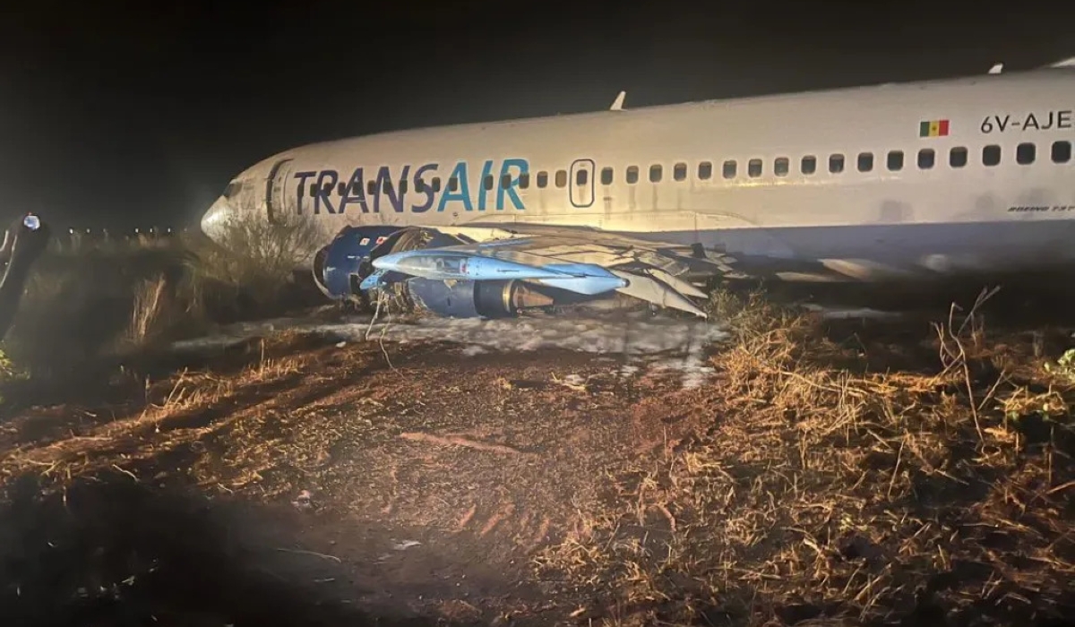 A plane which skids off the runway at Blaise Diagne International Airport in Dakar, Senegal T on May 9, 2024
