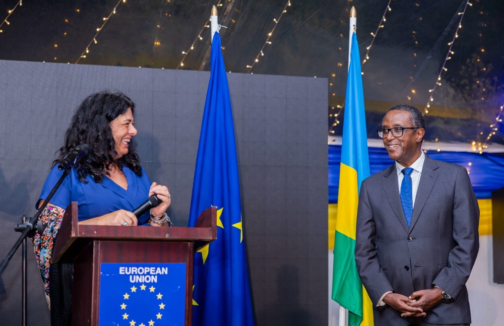 Minister of Foreign Affairs and International Cooperation, Vincent Biruta and  Ambassador of the European Union, Belén Calvo Uyarra as the delegation of the European Union (EU) to Rwanda celebrated Europe Day on May 9